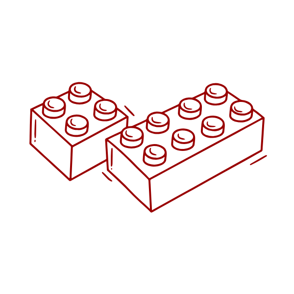 Illustratie van twee rode constructieblokjes met bovenop ronde noppen, getekend in perspectief met dunne lijnen.